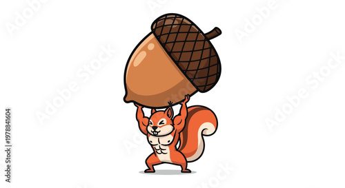 A muscular squirrel struggles to lift a giant acorn above its head in a playful cartoon silhouette high quality professional detailed