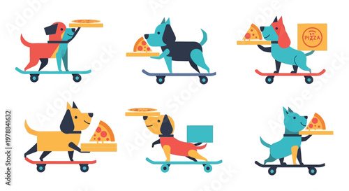 Playful dogs on skateboards deliver pizza with a flat geometric style creating a whimsical scene silhouette high quality professional detailed