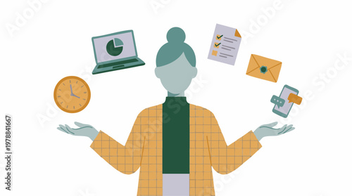 Conceptual illustration of a person managing work, time, and communication