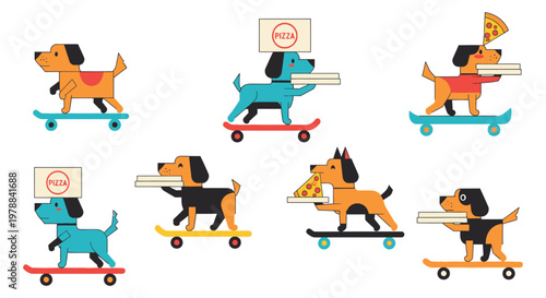 Playful dogs on skateboards and carrying pizza are featured in this colorful whimsical illustration silhouette high quality professional detailed modern