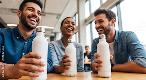 Three friends sitting at a table with reusable water bottles and smiling Diverse mining professionals promoting sustainable ESG corporate social responsibility goals.