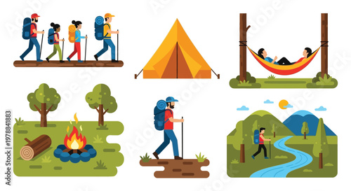 A colorful illustration depicts hikers camping equipment and outdoor scenes in a flat graphic silhouette high quality professional detailed modern elegant