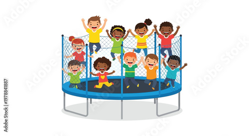 A group of cheerful children joyfully jumping on a blue trampoline displaying vibrant energy and playfulness silhouette high quality professional detailed