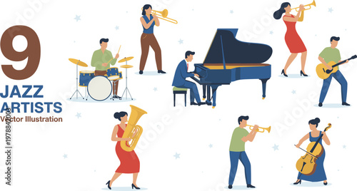 Jazz musician vector illustration collection featuring diverse performers with instruments in lively festive atmosphere