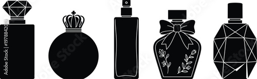 Perfume bottle silhouette vector illustration collection featuring elegant decorative packaging designs with crowns, bows, and geometric shapes