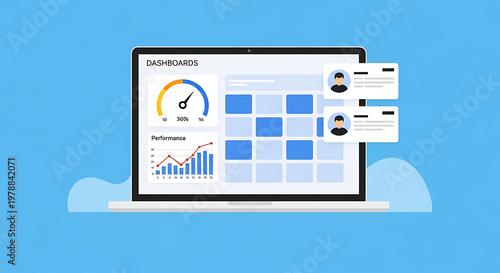 An infographic displayed on a laptop screen shows various charts and graphs in a business setting.