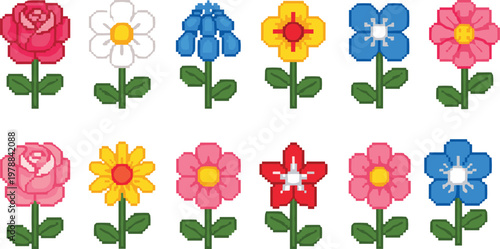 Pixel art flower vector illustration collection featuring roses, daisies, bells, stars, and colorful botanical designs