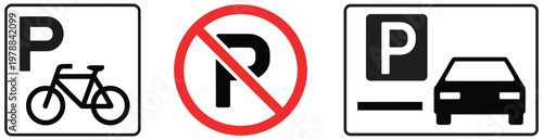 Car parking icon set, parking area symbols collection including car and bicycle parking signs, no parking icon and restriction symbols, modern flat design