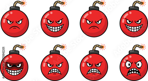 Vector illustration of cartoon red bombs with expressive angry faces and sparking fuses in humorous design