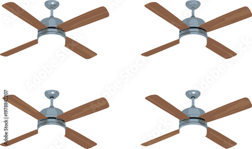 Vector illustration of ceiling fans with four wooden blades and metallic housing shown in multiple rotational positions