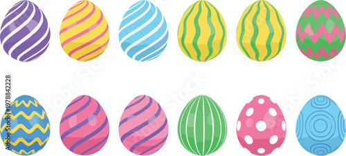 Vector illustration of colorful Easter eggs with unique patterns and pastel designs in festive springtime style