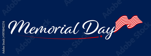 Patriotic Memorial Day vector with elegant white script and waving red stripes. Minimalist dark blue design for US national holiday, tributes, and posters.