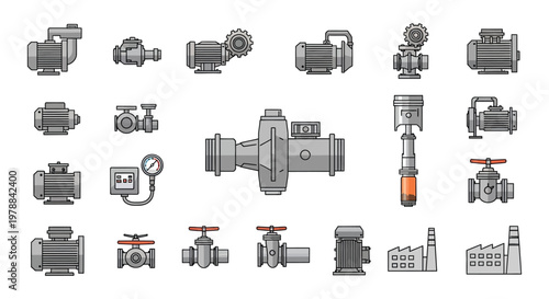 A collection of industrial machinery and components including pumps valves and gauges presented as a silhouette high quality professional detailed modern