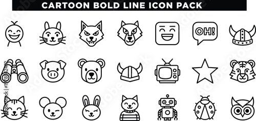 Cartoon bold line icon pack vector illustration featuring animals, faces, objects, and playful minimal design