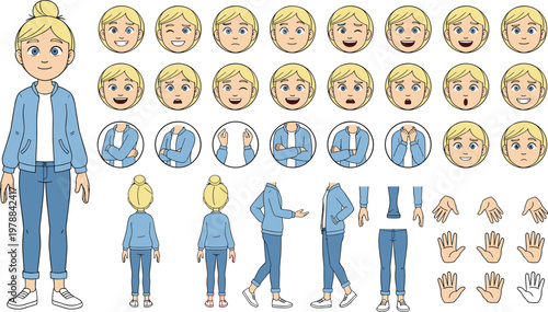 Cartoon character design vector illustration collection featuring expressive poses, facial emotions, and interchangeable animation parts