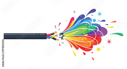A vibrant explosion of rainbow colors erupts from a frayed electrical cable forming a dramatic silhouette high quality professional detailed modern
