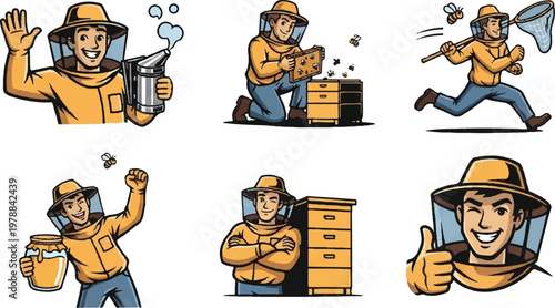 Beekeeper illustrations cartoon apiarist in protective gear vector set