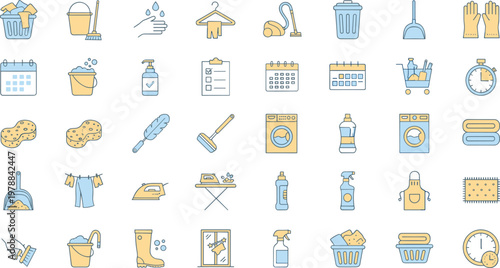 Cleaning and household chore icon vector illustration collection featuring tools, supplies, and maintenance activities