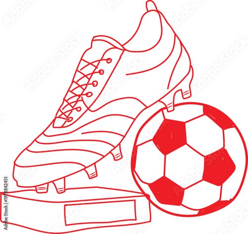 This vibrant hand-drawn vector illustration showcases a classic football boot or soccer cleat, meticulously detailed with laces and studs, proudly resting on a rectangular award base alongside a tradi