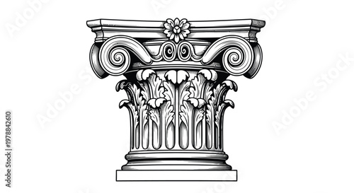 An intricately detailed black and white illustration of a classical ionic order column capital