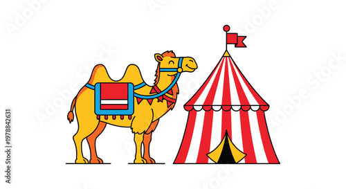 A cheerful cartoon illustration depicts a camel standing beside a colorful circus tent a bold silhouette high quality professional detailed modern