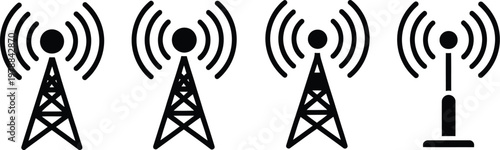 Radio tower icon set, vector illustration of radio antenna mast with signal waves for broadcasting communication technology and telecom design.