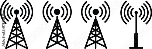 Radio tower icon set, modern vector icons featuring antenna mast radio waves and signal transmission symbols for wireless communication and network design.