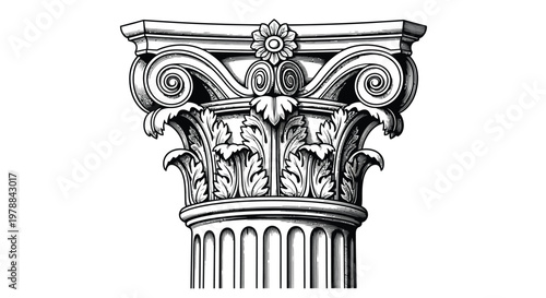 An intricate black and white illustration of a classical ionic order column capital with floral details