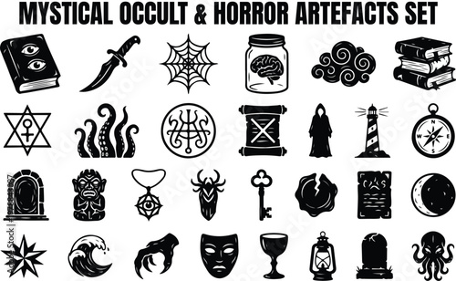 Collection of dark and mystical symbols including a book with eyes a dagger a spider web and tentacles.