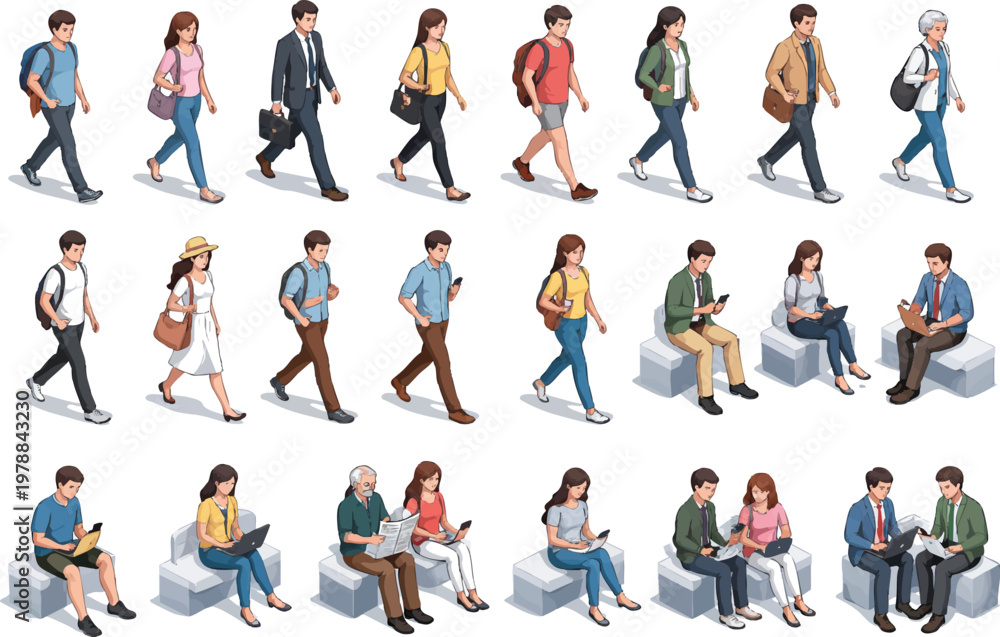 Obraz premium Isometric Vector People Set Featuring Walking and Sitting Figures with Shadows