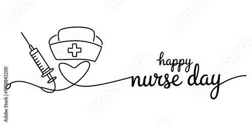 A minimalist black and white line art illustration celebrating the annual happy nurse day event. Vector, illustration