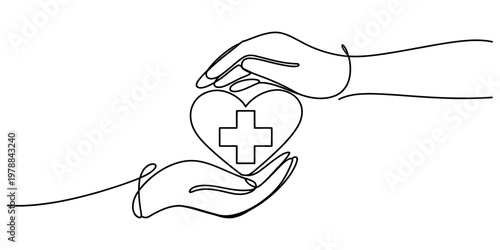 A single continuous line drawing of hands cradling a heart symbol with a medical cross inside it Vector, illustration