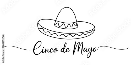 A minimalist black and white line art illustration featuring a traditional mexican sombrero hat. Vector, illustration
