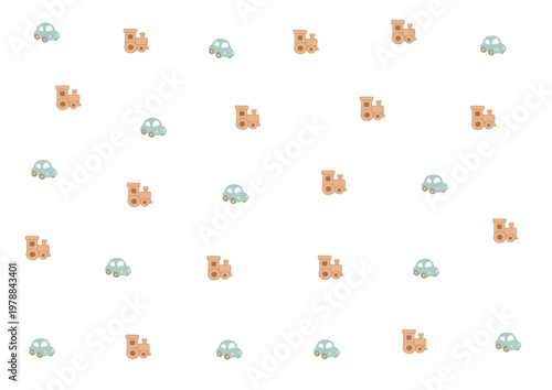 Seamless repeating pattern with cute toy tractors and cars in colorful playful style on bright background for kids nursery textile and wrapping paper design