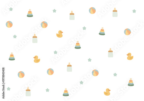 Seamless repeating pattern with cute colorful kids elements in playful cartoon style on soft pastel background for nursery textile and decorative design