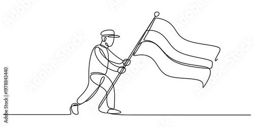 A continuous line drawing of a person walking forward while holding a large flag on a tall pole Vector, illustration