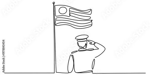 A single continuous line drawing of a patriotic soldier saluting in front of a waving national flag Vector, illustration