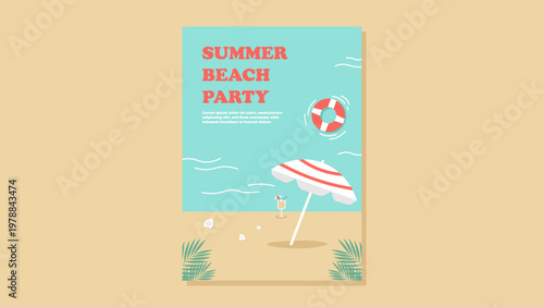 Foto Minimal Summer Beach Party Poster with Umbrella Float and Ocean Elements Clean T