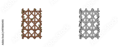Illustrations of a wooden garden trellis with climbing green vines in flat brown colors and a black line art style used for supporting climbing plants and backyard decoration