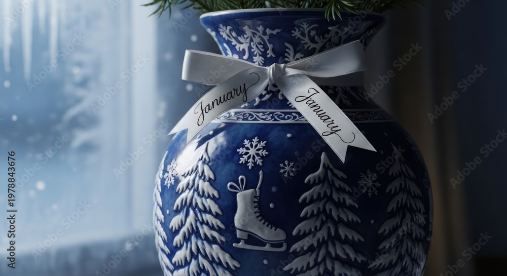 Obraz premium Blue porcelain vase with winter designs, ribboned 