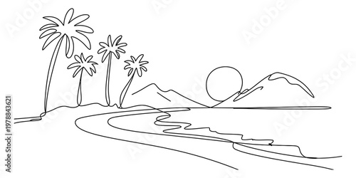 A minimalist black and white single line drawing of a peaceful tropical beach with palm trees Vector, illustration