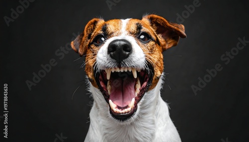 Close-up of a Jack Russell Terrier with an open mouth, showing teeth.
