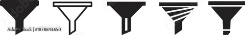 Variety of black filter icons funnels strainers and filter labels in a minimalist design