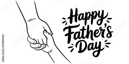 A black and white line art illustration showing a father holding hands with his young child today Vector, illustration