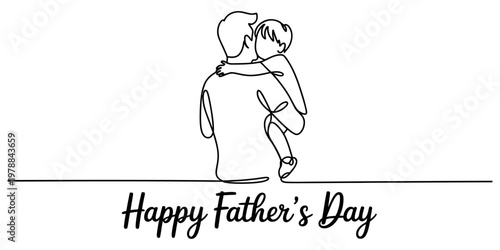 A beautiful continuous line drawing of a father holding his young child for happy fathers day. Vector, illustration