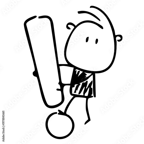 A cartoon boy holding a large exclamation mark in a playful pose