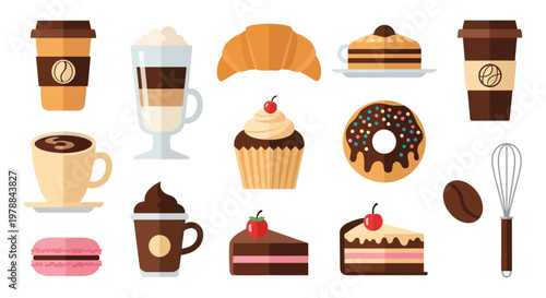 A colorful collection of coffee drinks pastries cakes and desserts presented in a flat design silhouette high quality professional detailed modern