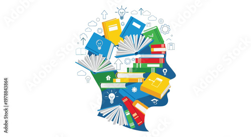An artistic depiction of a head formed from books and learning icons embodying knowledge and intellect silhouette high quality professional detailed