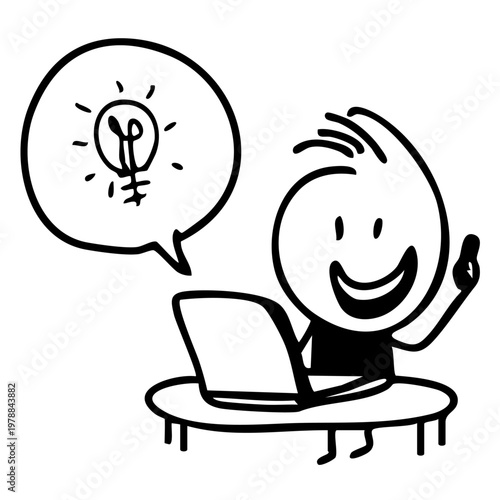 A cartoon character sitting at a desk with a laptop and a light bulb idea