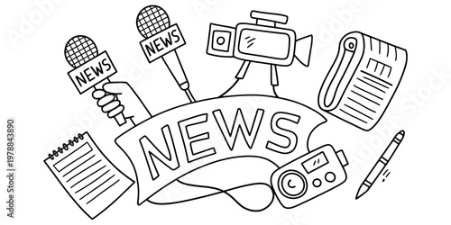 A hand-drawn collection of journalism and mass media equipment depicting news gathering tools. Vector, illustration